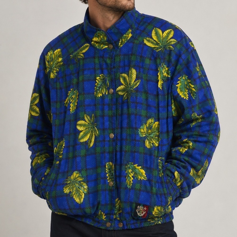 Vintage Sunice Mens M Windbreaker Ski Jacket Blue Leaf Plaid Full Zip Polyester